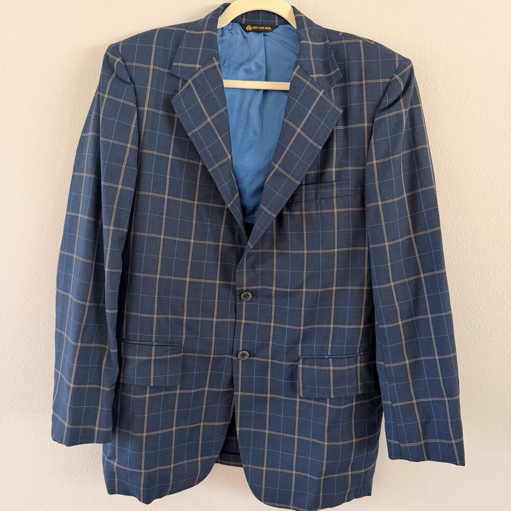 Vintage Curlee Men's L/Large Blue Plaid Wool Tweed Sport Coat 2-Button Notch